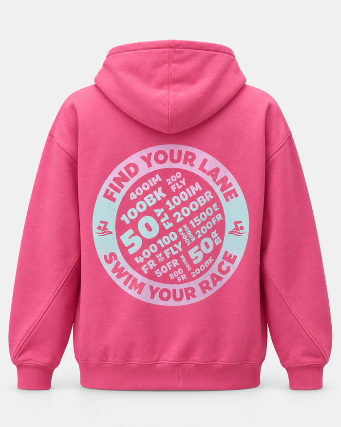 pink Find Your Lane hoodie back — studio product photo