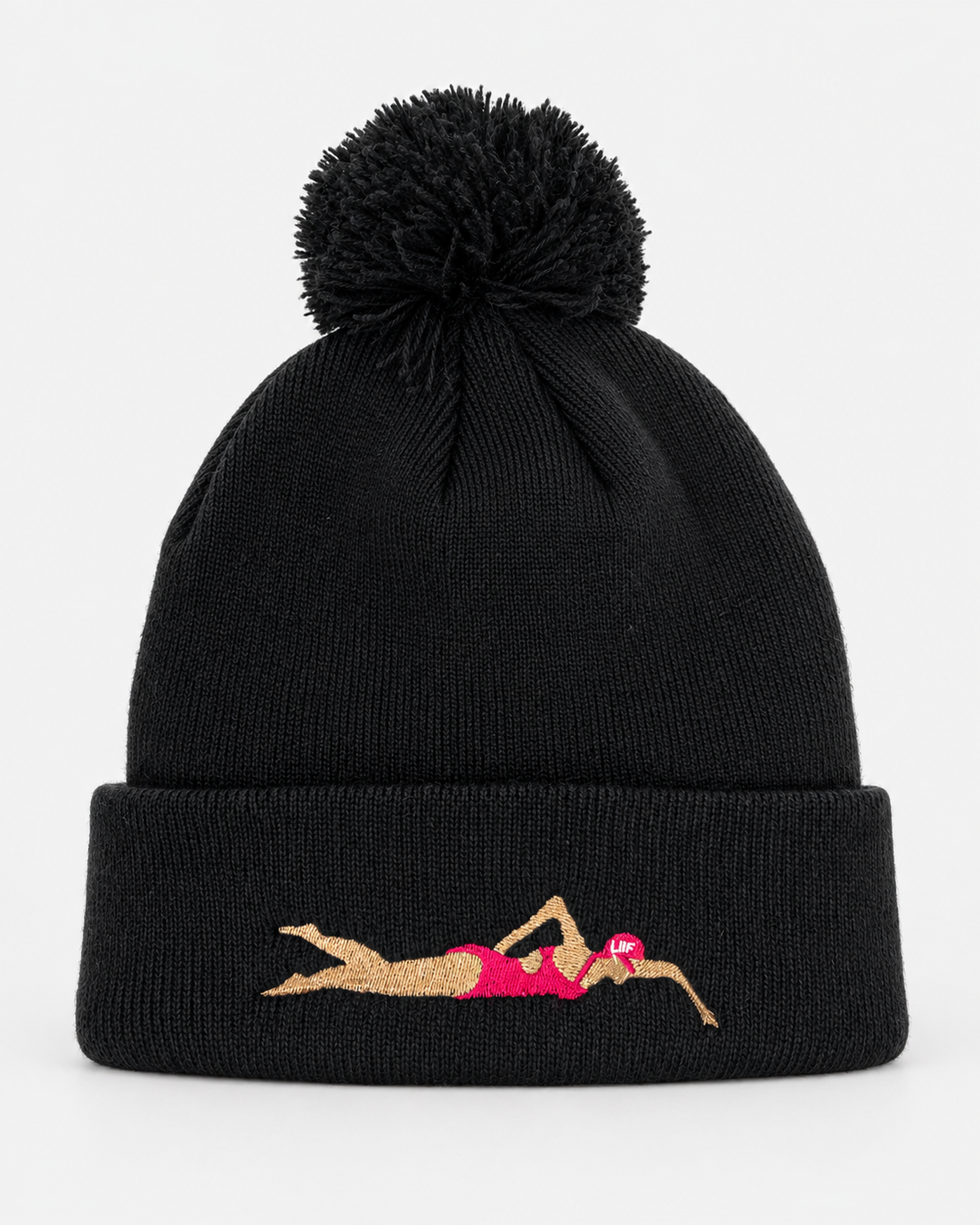 Pink Swimmer bobble hat Black staged front view