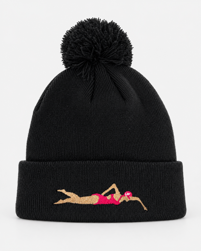Pink Swimmer bobble hat Black staged front view