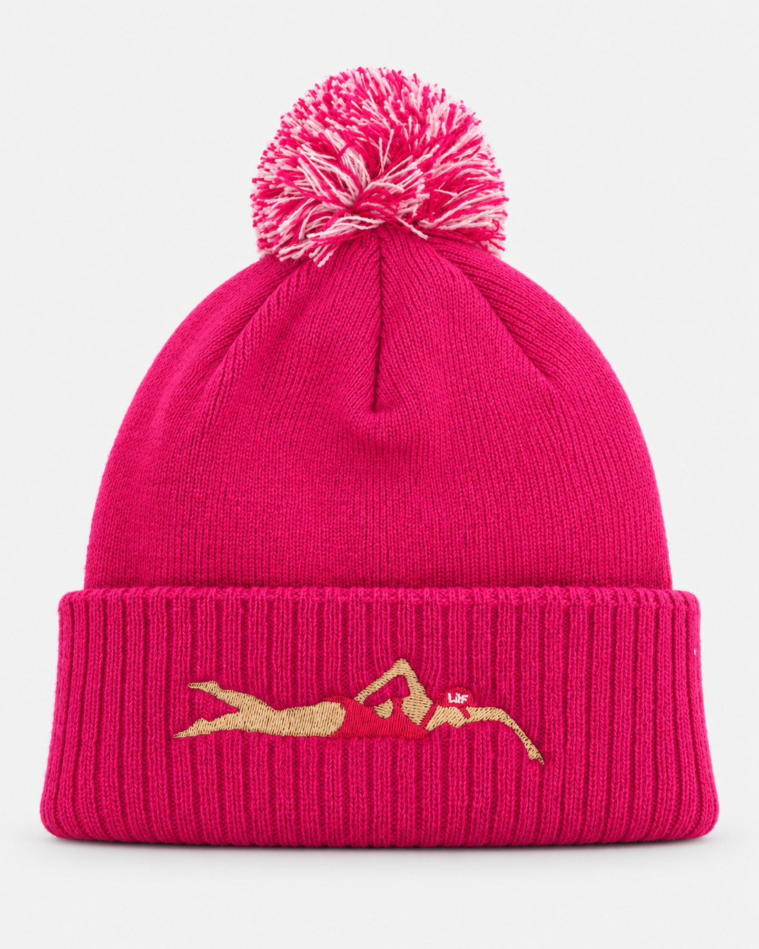 Pink Swimmer bobble hat Hot Pink staged front view