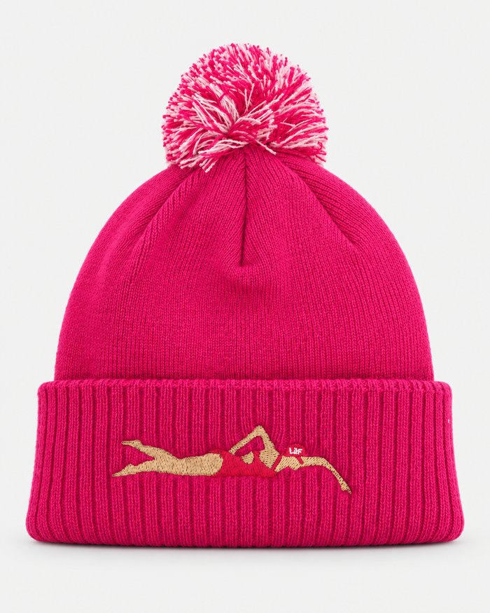 Pink Swimmer bobble hat Hot Pink staged front view