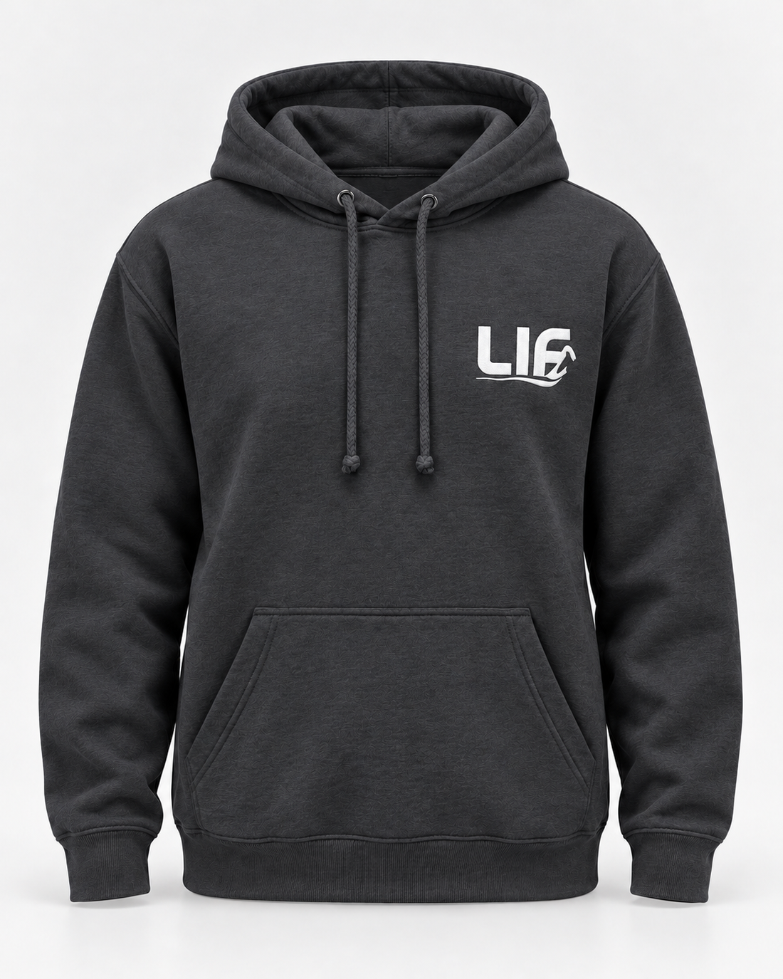 LIF shark-grey-front hoodie Shark grey staged front view, hood down