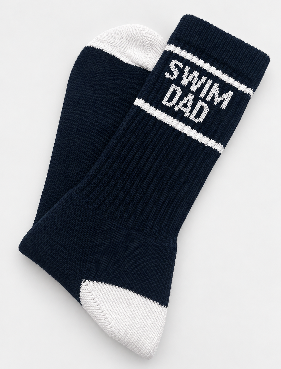 Navy Swim Dad socks on grey — staged product photo