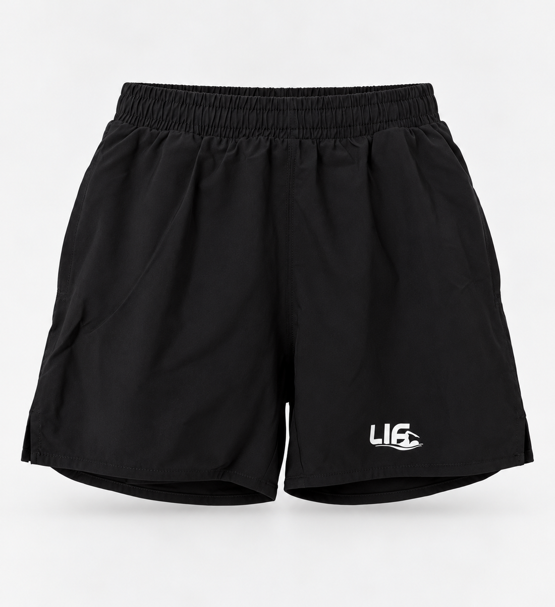 Kids black double-layer sports shorts — staged product photo