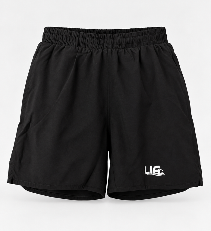 Black double-layer shorts, front view — staged product photo