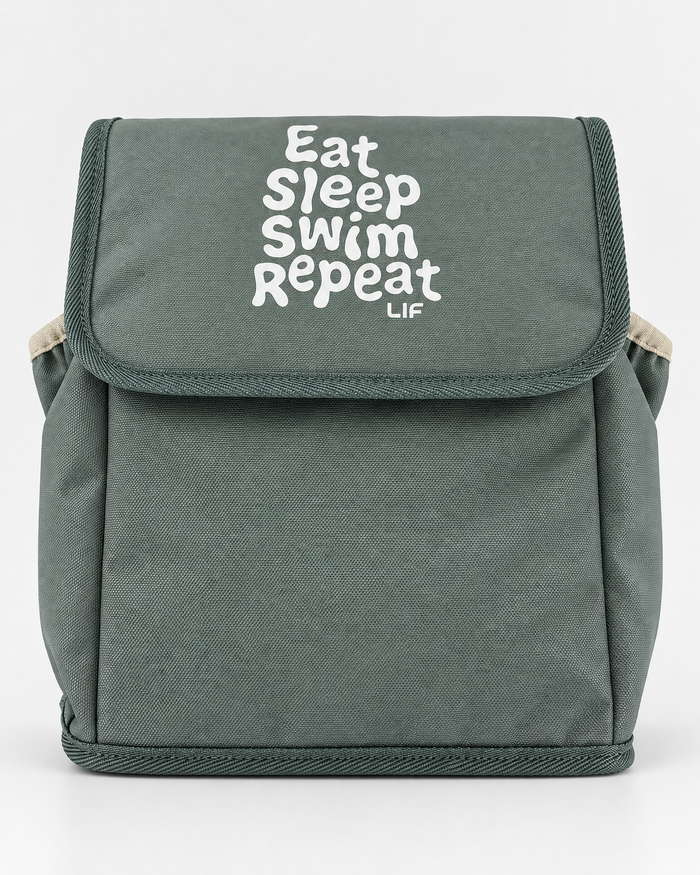Dusty green Eat Sleep Swim Repeat bag — staged product photo