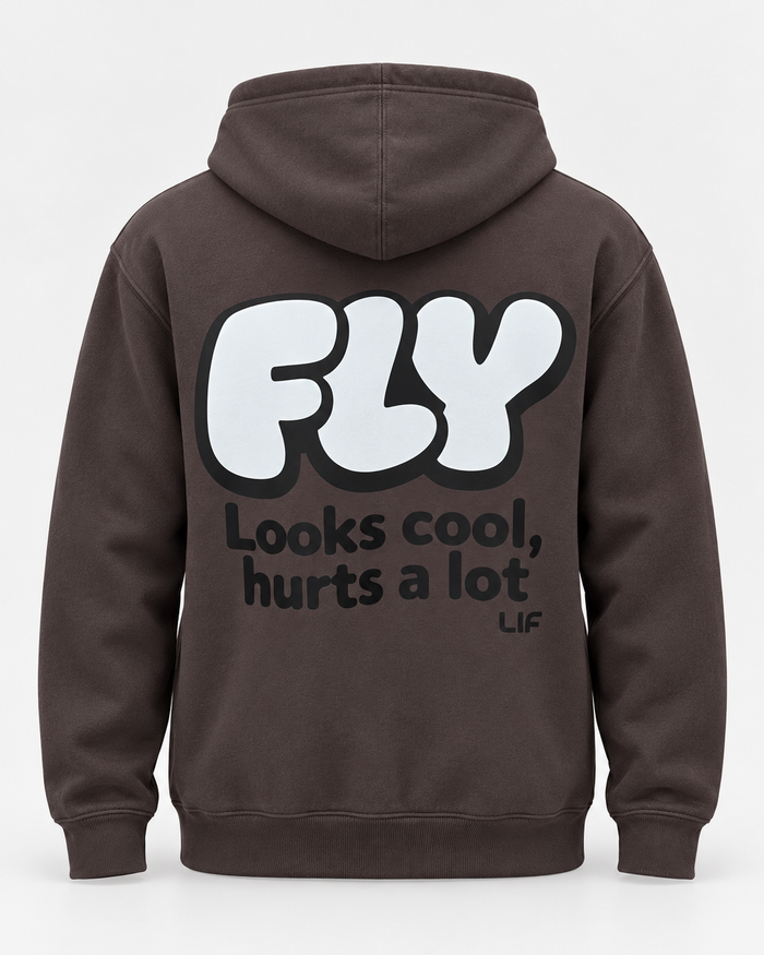 LIF FLY hoodie Chocolate staged back view