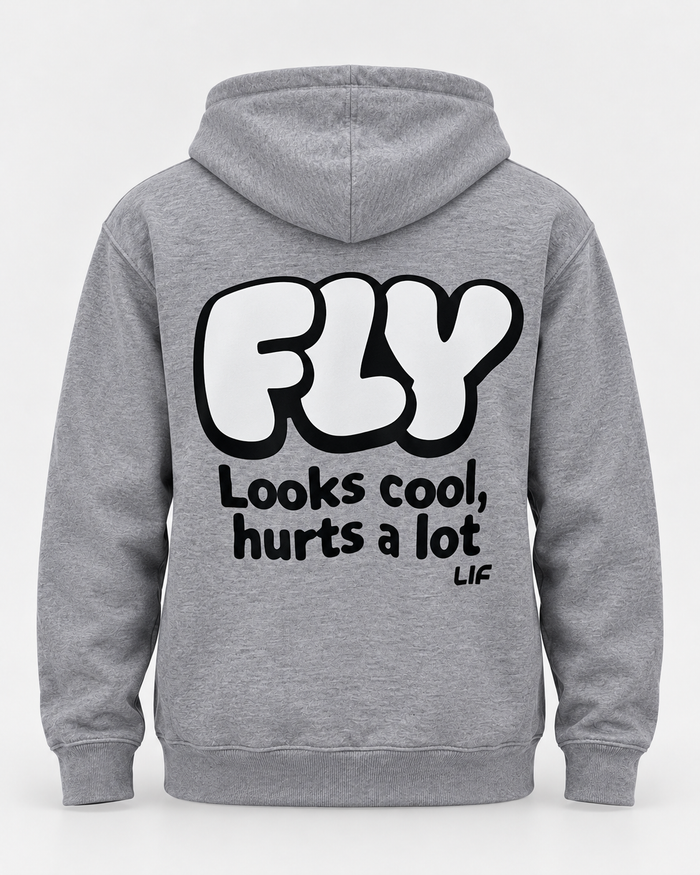 LIF FLY hoodie Grey staged back view