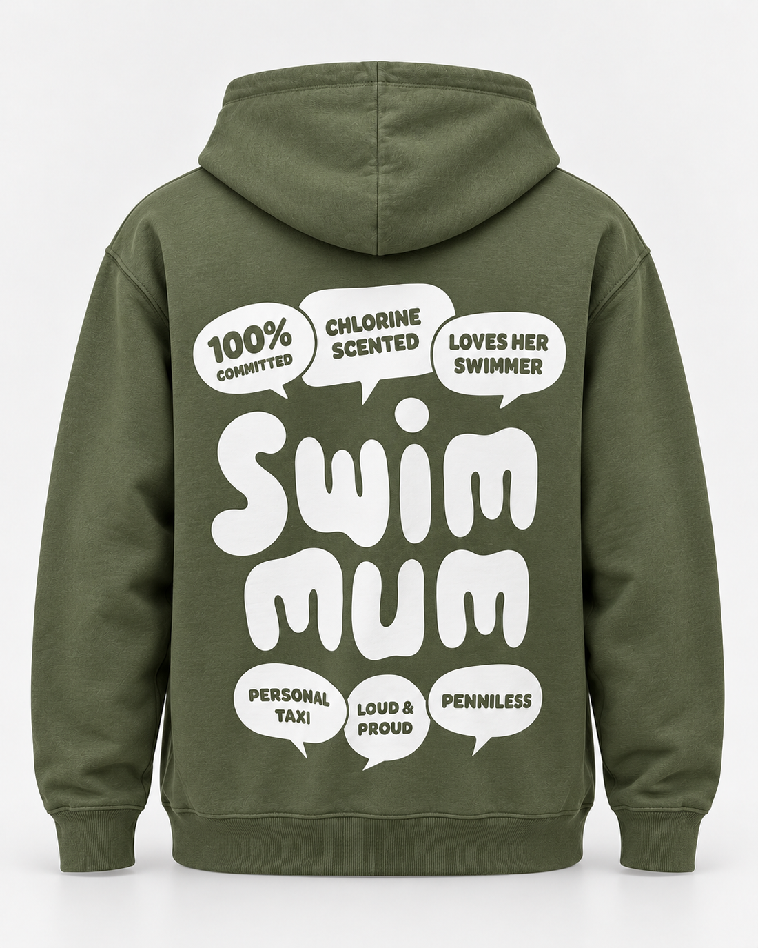 LIF Swim Mum Green hoodie staged back view, hood down
